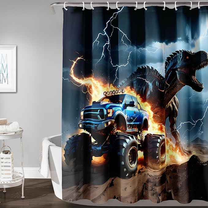 AILONEN Boys Dinosaur Shower Curtain, Monster Truck Bath Curtain,Lightning Roaring Dinosaur Kids Shower Curtain,Waterproof Curtain Bathroom 72" W*72" H Decor with 12 Plastic Hooks
