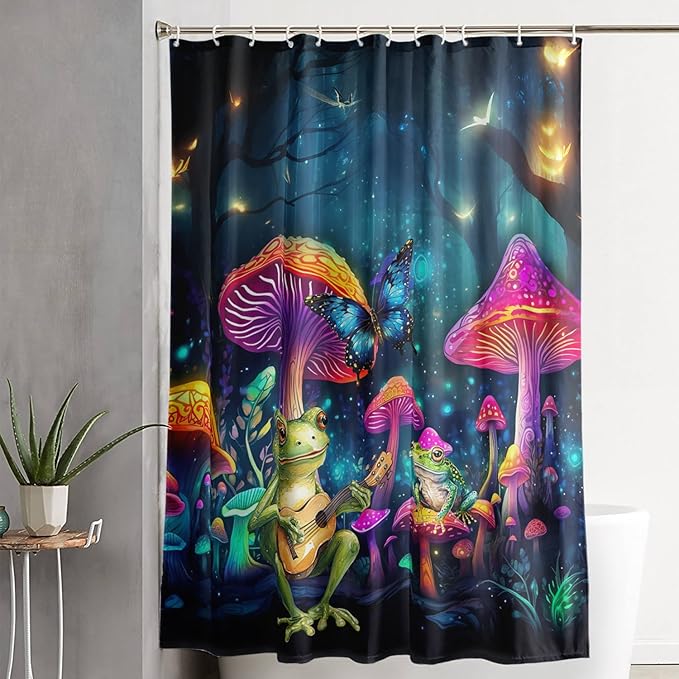 AILONEN Cartoon Frog Shower Curtain,Guitar Frog Fabric Shower Curtains for Bathroom,Magic Mushroom Weighted Polyester Cloth Bath Curtain Set,Mysterious Butterfly Bathroom Curtain,72" W*96" H