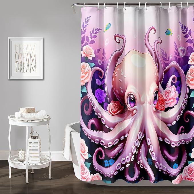 AILONEN Cartoon Pink Octopus Shower Curtain for Bathroom,Cute Octopus with Rose Bath Curtain for Kids,Boys,Girls,Ocean Animal Theme Waterproof Fabric Shower Curtain Set with Hooks,72" W*78" H