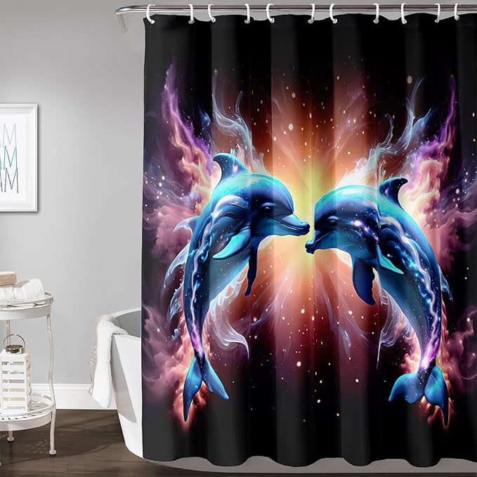AILONEN 3D Dolphin Shower Curtain for Bathroom, Cute Kawaii Blue Ocean Dolphin Bath Curtain,Fantasy Smoky Print Black Curtain Waterproof with 12 Plastic Hooks for Boys Girls 72" W*78" H