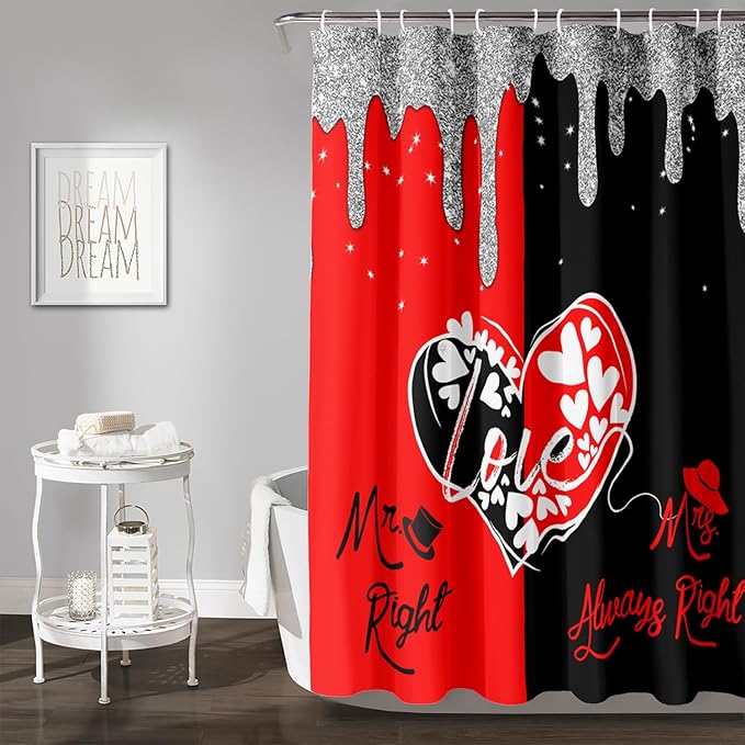 AILONEN Mr Mrs Black and Red Shower Curtain,Love Hearts Pattern Mr Right Mrs Always Right Theme Bath Curtain,Modern Print Decoration Waterproof Shower Curtain with 12 Plastic Hooks, 72" W*72" H
