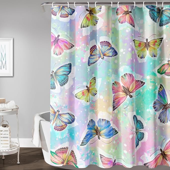 AILONEN Butterfly Shower Curtain,Rainbow Butterfly Bath Curtain,Modern Tie Dye Butterfly Art Decorative Shower Curtain with 12 Plastic Hooks (Kids/Girls/Women/Teen/) 72" W*78" H