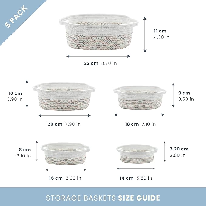 OrganiHaus Set of 5 Rectangle Bathroom Storage Baskets for Organizing, Small Woven Baskets for Storage Basket for Bathroom, Nursery Storage Basket for Baby Nursery Organization, Cute Bins, Rainbow