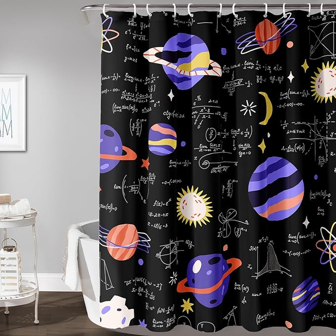 AILONEN Solar System Shower Curtain,Math Galaxy Purple Planet Bath Curtain for Bathroom Decor,Cartoon Planet Polyester Waterproof with 12 Plastic Hooks 72" W*96" H