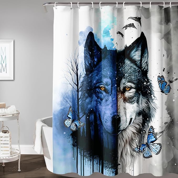 AILONEN Wolf Print Shower Curtain for Boys Men,Watercolor Wolf Bath Curtain 72" W*84" H Animal Wolf Bathroom Curtain Polyester Waterproof Wildlife Bathroom Curtain with 12 Hooks