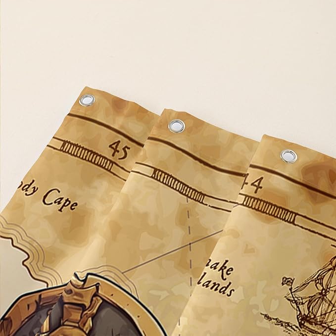 AILONEN Pirate Skull Shower Curtain for Bathroom,Vintage Ocean Nautical Bath Curtain Decoration,Pirate Captain Old Map Print Waterproof Shower Curtain with 12 Plastic Hooks, 36" W*72" H