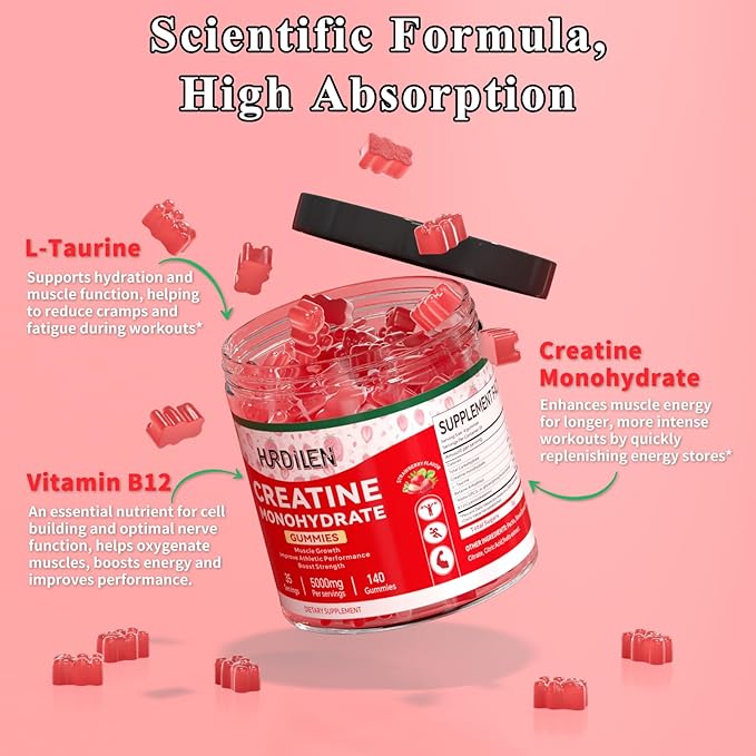 140 Count Creatine Monohydrate Gummies, 5000mg Creatine Monohydrate No Sugar Gummies for Women & Men with L-Taurine, Vitamin B12 for Muscle Strength, Muscle Recovery, Glute Builder, Energy Boost