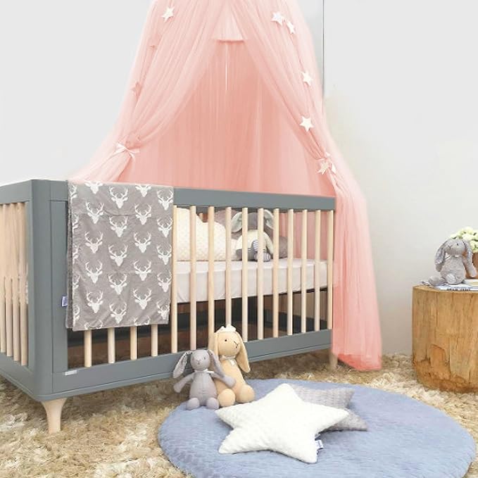 Bed Canopy Mosquito Net with Star Lights,Princess Play Canopy for Girls Room - Dome Net Curtains for Baby Game Dream Castle, Girls Room Decor, Pink