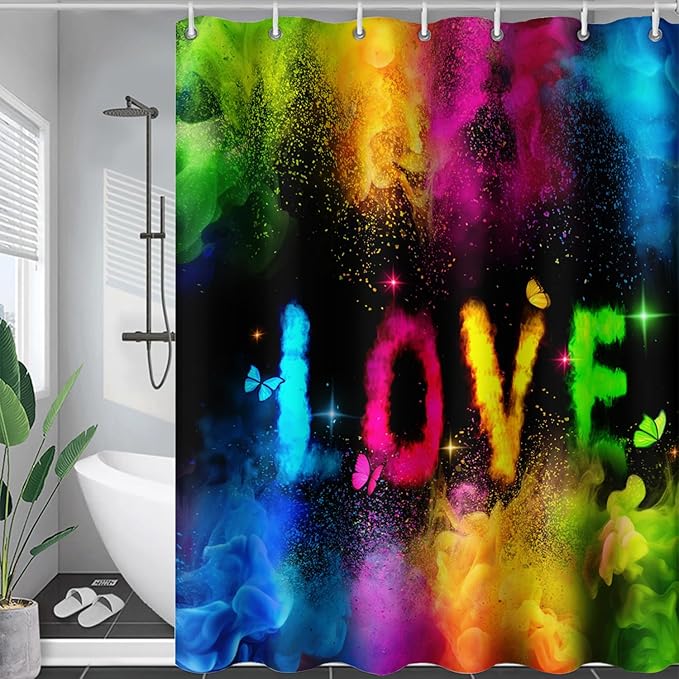 AILONEN Girls Shower Curtain for Bathroom, Rainbow Smoky Love Printed Bathroom Curtain Decor,Women Colorful Bath Curtain Polyester Waterproof Bathroom Curtain with 12 Hooks(72" W*84" H)