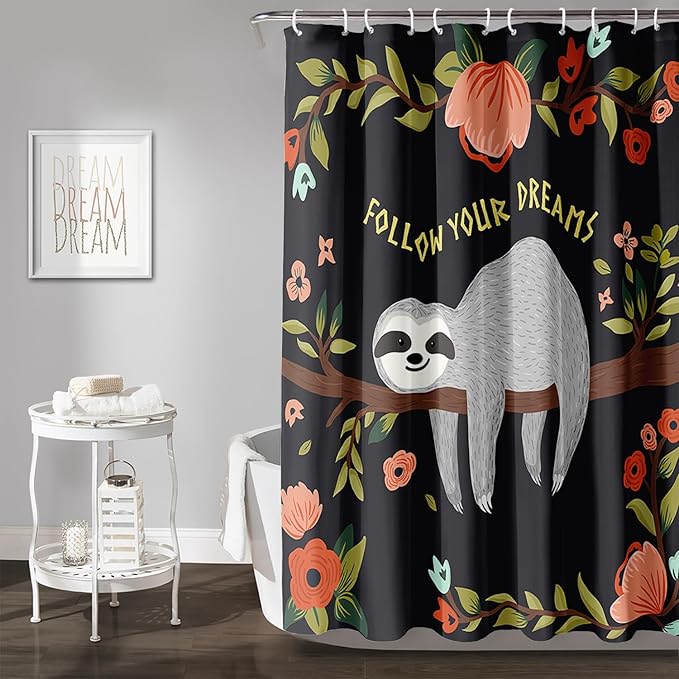 AILONEN Kawaii Sloth Shower Curtain for Bathroom Decor,Floral Sloth Bath Curtain for Kids Boys Girls,Polyester Waterproof 36" W*72" H with 12 Plastic Hooks