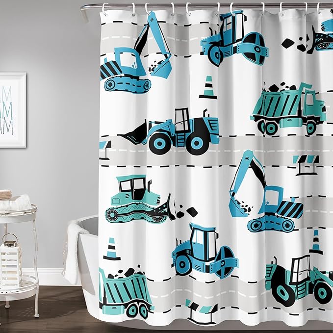 AILONEN Cartoon Kids Truck Shower Curtain,Waterproof Durable,Blue Forklift Truck Excavator Bath Curtain for Boys Girls,Construction Themed Bathroom Decor with 12 Plastic Hooks, 60" W x 72" H
