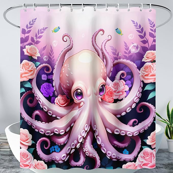 AILONEN Cartoon Pink Octopus Shower Curtain for Bathroom,Cute Octopus with Rose Bath Curtain for Kids,Boys,Girls,Ocean Animal Theme Waterproof Fabric Shower Curtain Set with Hooks,36" W*72" H