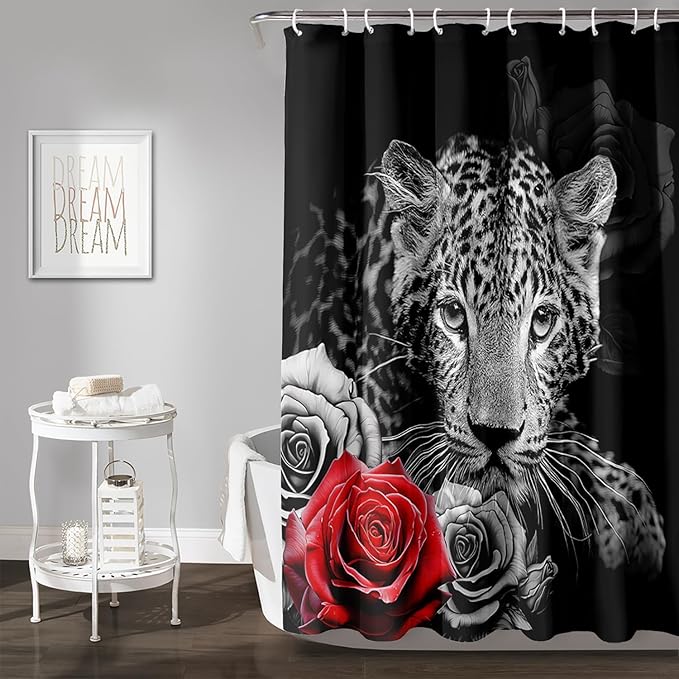 AILONEN Grey Leopard Shower Curtains for Women,Rose Leopard Bath Curtains Gifts for Lover,Polyester Waterproof for Bathroom with 12 Plastic Hooks 72" W*78" H Grey