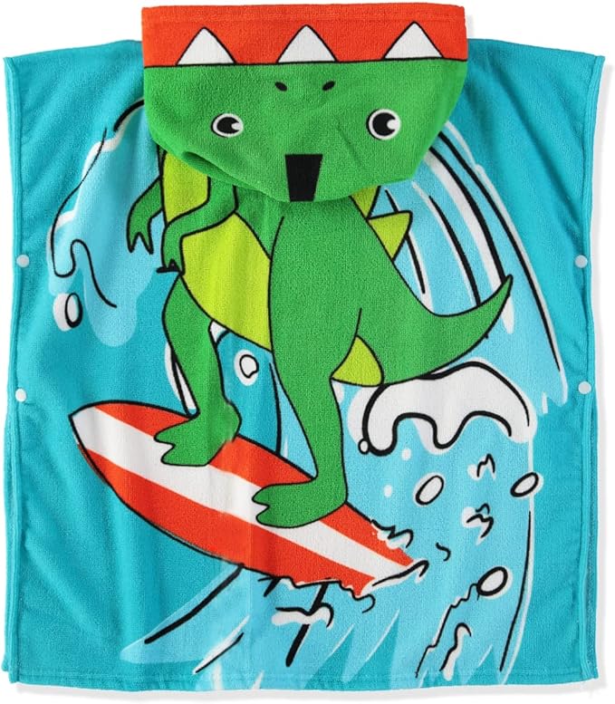 Boys and Girls Absorbent Hooded Beach Towel Pullover Character Microfiber Bath Towel with Side Snaps (Dino, 6-7)
