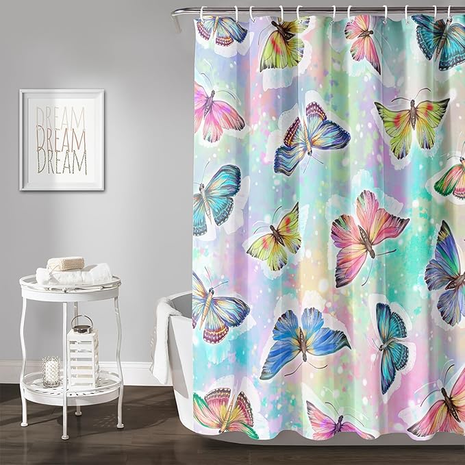 AILONEN Butterfly Shower Curtain,Rainbow Butterfly Bath Curtain,Modern Tie Dye Butterfly Art Decorative Shower Curtain with 12 Plastic Hooks (Kids/Girls/Women/Teen/) 72" W*78" H