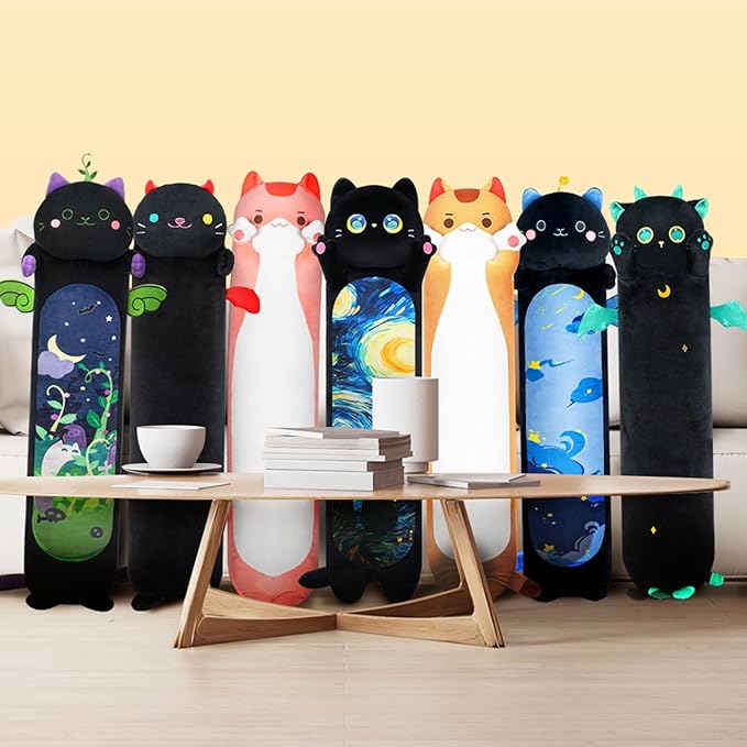 Long Cat Plush Kawaii Kids Plush Toy Pillows, Cute Black Cat Stuffed Animals Soft Plushies, Kitten Big Plush Toys Throw Body Pillow Doll Gift for Girls Boys (Black Starry Cat 44 Inch)