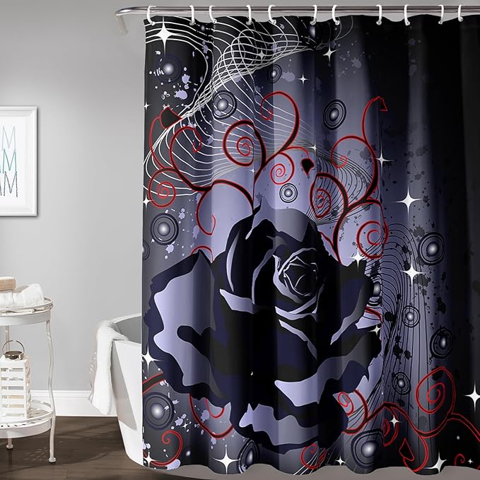 AILONEN Black Rose Shower Curtain for Women,Music Rose Bath Curtain for Bathroom Decor,Red and Black Art Polyester Waterproof for Girls with 12 Plastic Hooks,72" W*78" H Black