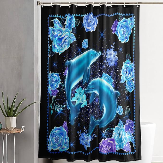 AILONEN Catrtoon Dolphin Shower Curtain Bathroom 36" W*72" H Blue Dolphin Curtain Cloth Fabric Bathroom for Kids Girls,3D Blue Rose with Jumping Dolphins Shower Curtain Set