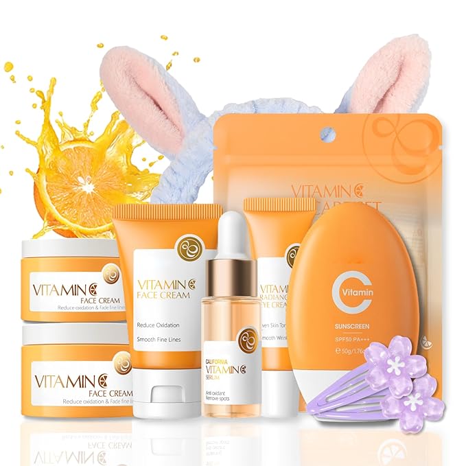 Skincare Kit Vitamin C Girls Gifts Mom Gift- Skin Care Set - Hydrating Gift Set for Women - Smoothing Skin Care for Teens 10-12 - Travel Size Face Kit with Serum,Eye Cream,Sunscreen,Face Cream(7pcs)