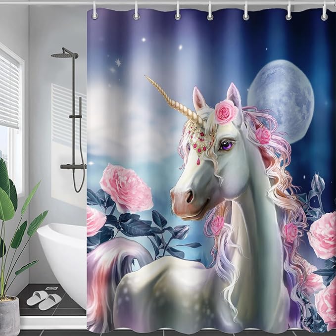 AILONEN Dreamy Unicorn Shower Curtain, Oil Painting Rose Waterproof Shower Curtain,3D Moon and Stars Girls Cloth Bath Curtain Set for Kids Teens Adults,48" W*72" H