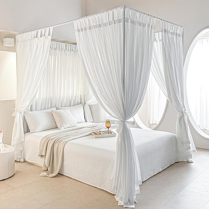 AIKASY Canopy Bed Board with Top and Self-Adhesive Velcro Strips, White Gauze Princess Bed Canopy Curtain Tent, Creating a Romantic Atmosphere in The Room(King/California King,White)