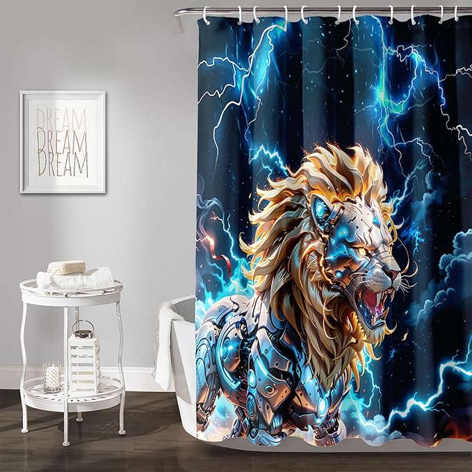 AILONEN Lion Shower Curtain,Evening Lightning Howling Lion Bath Curtain,Fierce Lion Bathroom Curtain Decor,Safari Animal Polyester Waterproof 60" W*72" H Shower Curtain (12 Hooks)