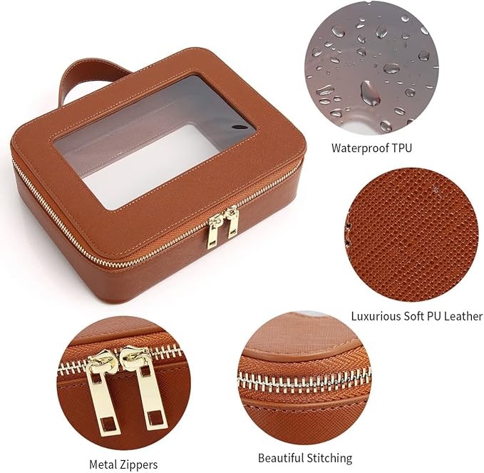 Clear Makeup Bag for Women Waterproof Travel Makeup Case Portable Cosmetic Case Toiletry Bag Car Organizer with Zipper (X/Brown, L)