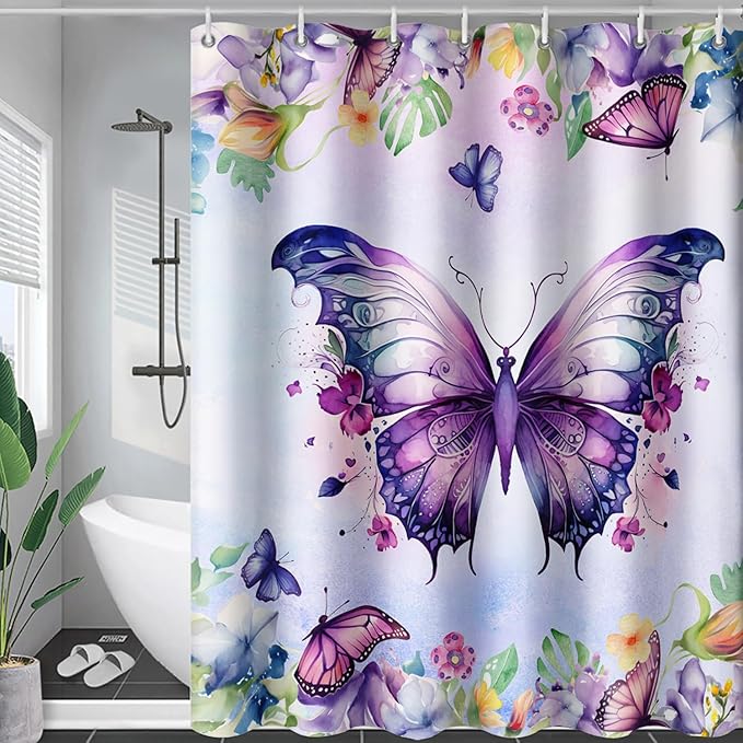 AILONEN Butterfly Shower Curtain for Bathroom, Purple Butterfly Bath Curtain Decor,Modern Printed Waterproof Shower Curtain with 12 Plastic Hooks (Kids/Girls/Women/Teen/) 72" W*84" H