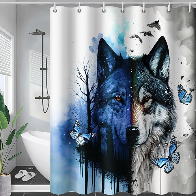 AILONEN Wolf Print Shower Curtain for Boys Men,Watercolor Wolf Bath Curtain 60" W*72" H Animal Wolf Bathroom Curtain Polyester Waterproof Wildlife Bathroom Curtain with 12 Hooks