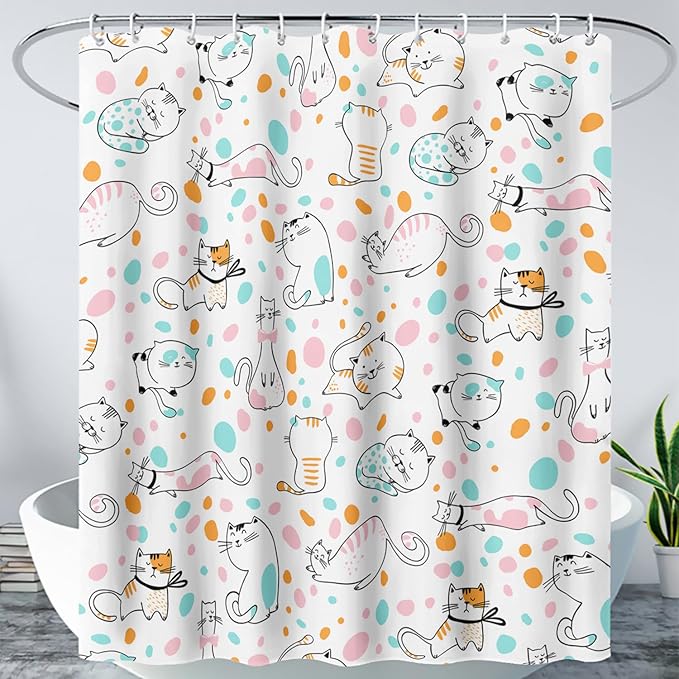 AILONEN Cat Shower Curtain,Cute Cat Bath Curtain,Pet Cat Kitten Bathroom Curtain Decor,Cartoon Animal Polyester Waterproof 72" W*96" H Shower Curtain for Boys Girls (12 Hooks)