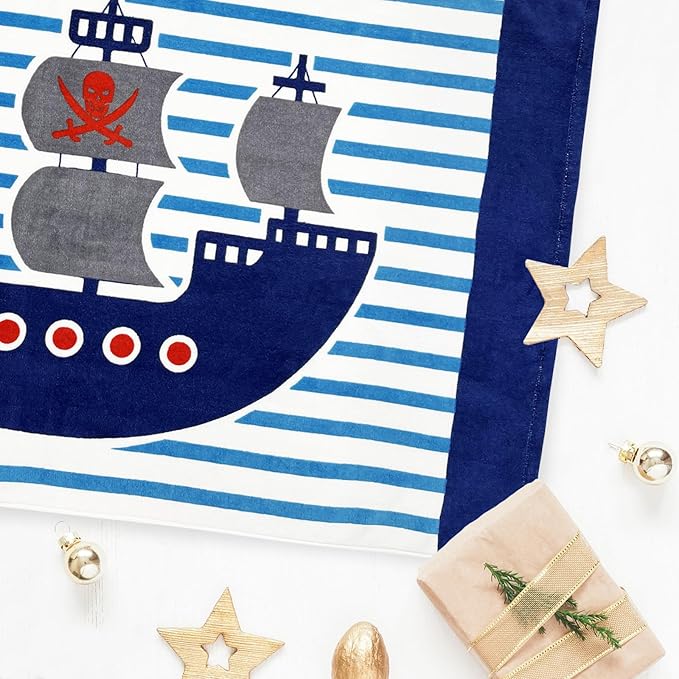 BANGSAUR Kids Hooded Beach Bath Towels, 100% Cotton 50"x30" Wrap Blanket, Toddlers Boys 3-12 Years Coverup Towel Pirate Ship
