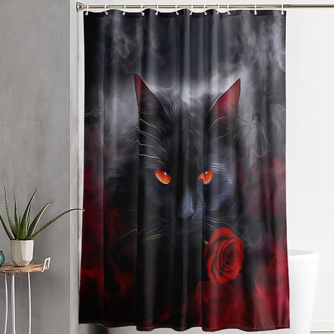 AILONEN 3D Black Cat Shower Curtain,Cat with Red Rose Polyester Cloth Bath Curtain Set for Kids Boys,Fog with Flowers Waterproof Shower Curtain for Bathroom, 72" W*84" H Black