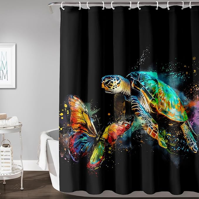 AILONEN Sea Turtle Shower Curtain, Tie Dye Turtle and Butterfly Bathroom Curtain,Minimalist Black Bath Curtain 36" W*72" H Polyester Waterproof Bathroom Curtain with 12 Hooks