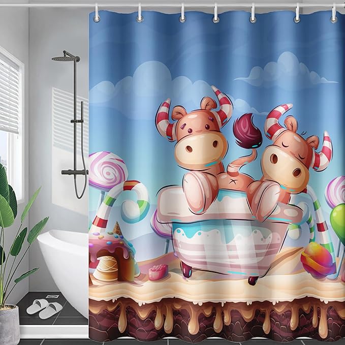 AILONEN Cute Cow Kids Shower Curtain 72" W*84" H Cartoon Candy Printed Shower Curtain Boys Girls Children Bathroom Curtain Decor Polyester Waterproof Curtain with 12 Hooks