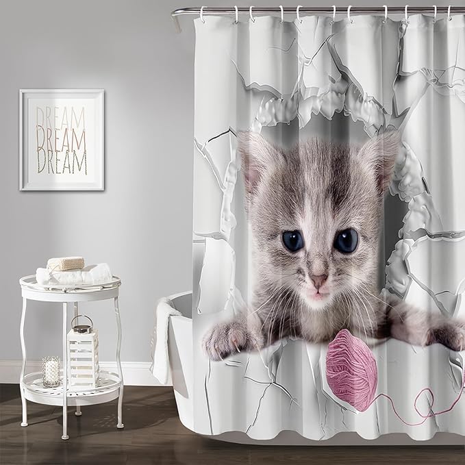 AILONEN 3D Kawaii Cat Shower Curtain, Beautiful Fuzzy Ball Kitten Shower Curtain for Kids Girls Boys Bathroom Decor,Cute Pet Animal Cat Lover Waterproof Shower Curtains Sets with Hooks,72" W*96" H