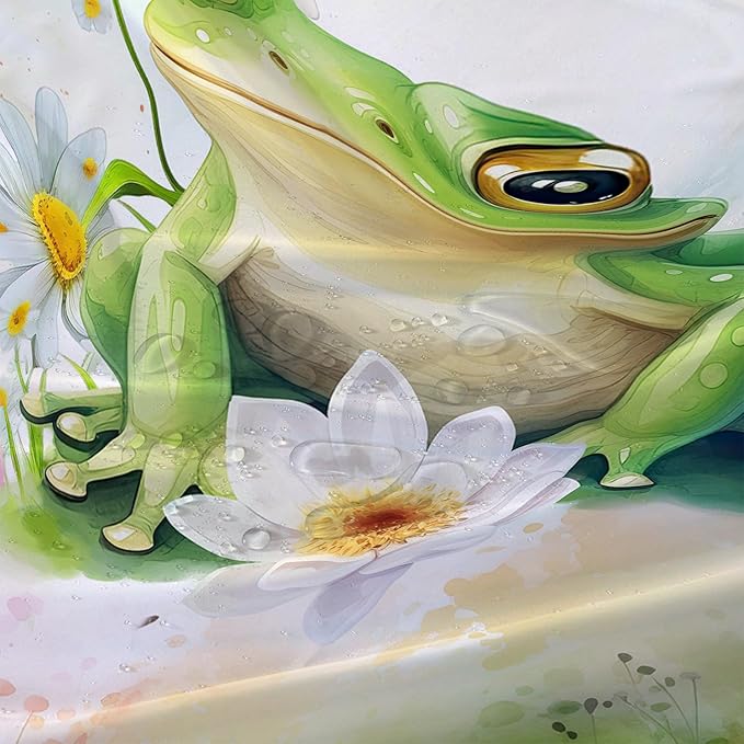 AILONEN Cartoon Frog Shower Curtain Set for Bathroom,Green Frog Bath Curtain,Amphibian Animal Shower Curtain,Tie Dye Flowers Waterproof Fabric Shower Curtain with Hooks,48" W*72" H