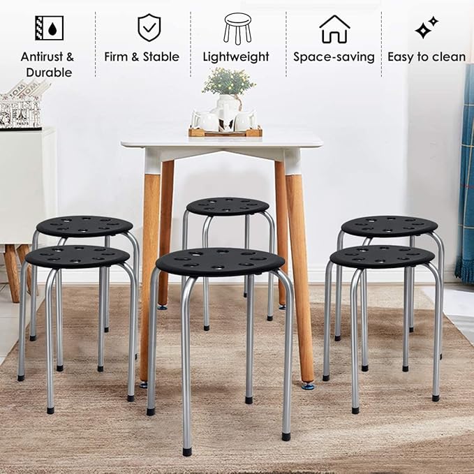 Hysache Plastic Stackable Stools Set of 6, 17.5inch Multipurpose Stool Chairs w/Metal Frame, X-Shape Connection, Non-Slip Feet, Backless Nesting Stool for Garden, Living Room, Home (Gray) HW64245