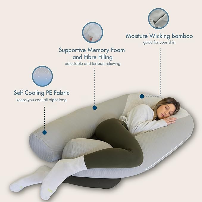 Plufl Hugl Standard Size Cooling Body Pillow for Adults U Shaped Maternity Pillow Great for Side Sleepers & Pregnant Women | Washable Cover | Grey