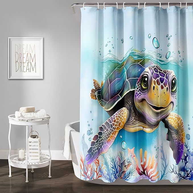 AILONEN Sea Turtle Shower Curtain,Kawaii Sea Animal Turtle Bathroom Curtains Set for Kids Girls,Tropic Animal Tie Dye Turtle Shower Curtains for Bathroom, 72" W*84" H