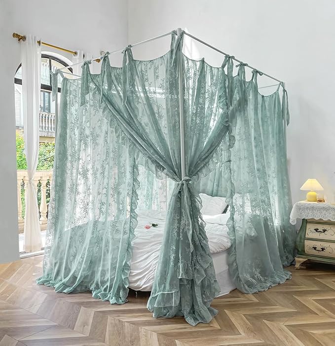 Mengersi Canopy Bed Curtains with Tie Backs,Bed Canopy Curtains Bed Drapes Sheer Lace Curtains for Bedroom Decor(Twin,Sage Green