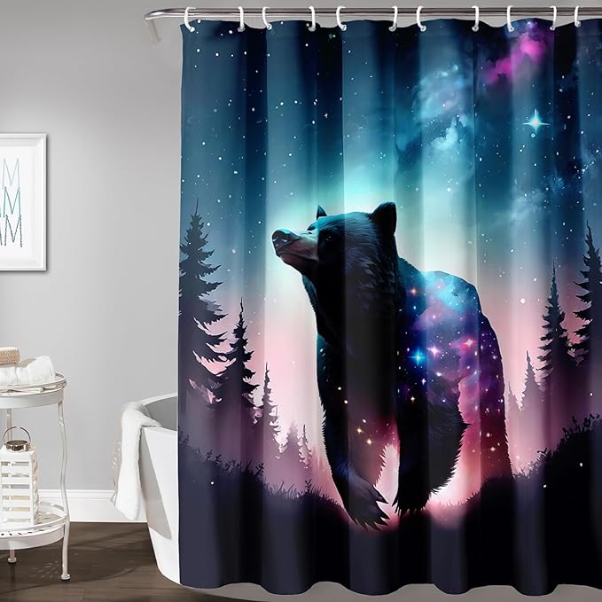 AILONEN 3D Bear Shower Curtain for Bathroom,Evening Starry Black Bear Printed Bath Curtain,Forest Wildlife Decoration Shower Curtain Waterproof 36" W*72" H