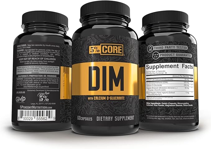 5% Nutrition Core DIM Supplement | Estrogen Regulation Support for Men & Women | Natural Diindolylmethane w/Calcium D-Glucarate, Organic Broccoli Powder + Bioperine (30 Servings / 60 VegCaps)