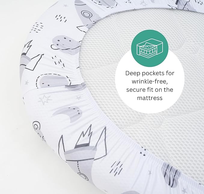 Bassinet Sheets for Dream On Me Karley, Plus, Lacy, Small Regalo Basics, Baby Delight Slumber, Snuggle Nest, Graco Carry Cot, 3 Pack, 16 x 32, Ultra Soft, Unisex Boys Girls, Gray (Space Rockets)