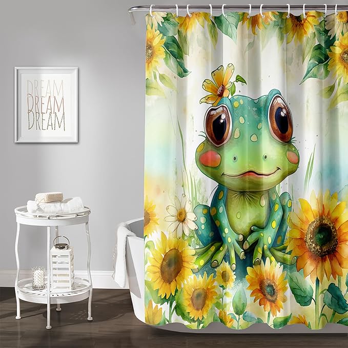 AILONEN Cartoon Green Frog Shower Curtain,Watercolor Sunflower Shower Curtain,Cute Kawaii Frog Curtain for Kids Girls Boys,Yellow Flower Animal Frog Print Waterproof Bath Curtain 36" W x 72" H