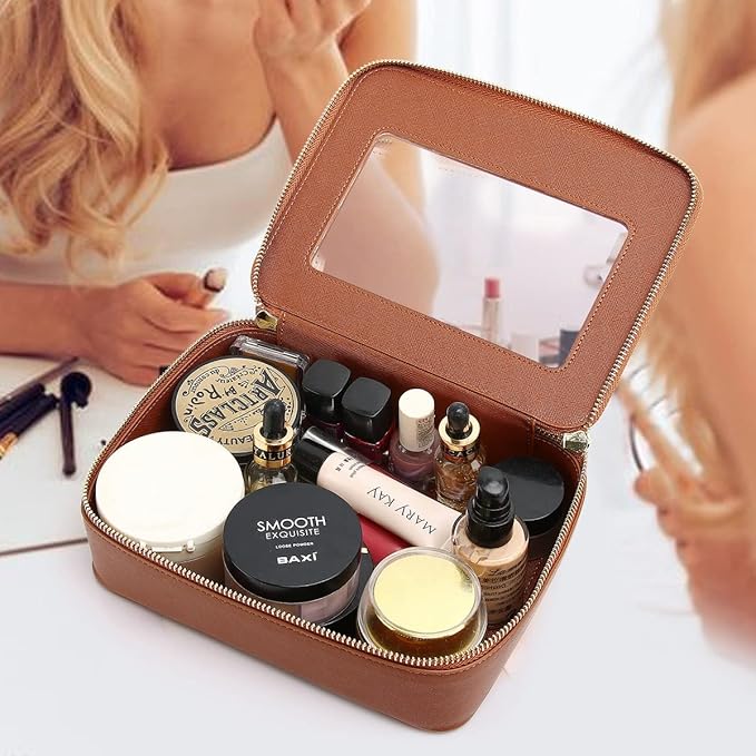 Clear Makeup Bag for Women Waterproof Travel Makeup Case Portable Cosmetic Case Toiletry Bag Car Organizer with Zipper (X/Brown, L)