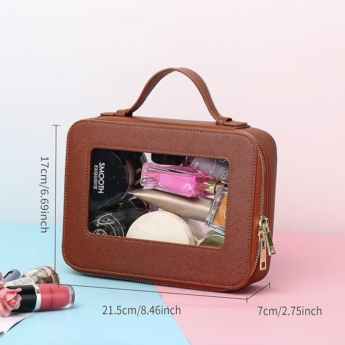 Clear Makeup Bag for Women Waterproof Travel Makeup Case Portable Cosmetic Case Toiletry Bag Car Organizer with Zipper (X/Brown, L)