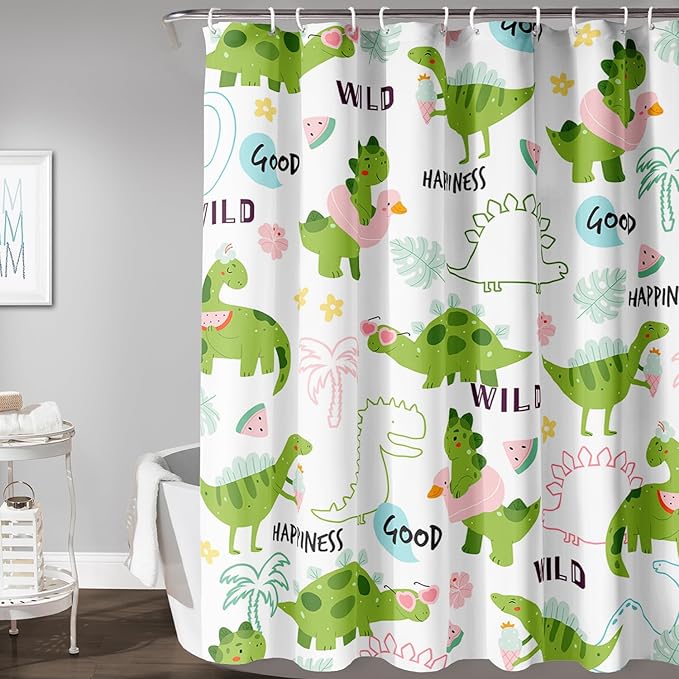 AILONEN Dinosaur Shower Curtain for Boys, Cute Green Kids Bath Curtain 72" W*84" H,Tropical Leaves Funny Dinosaur Curtain with 12 Plastic Hooks