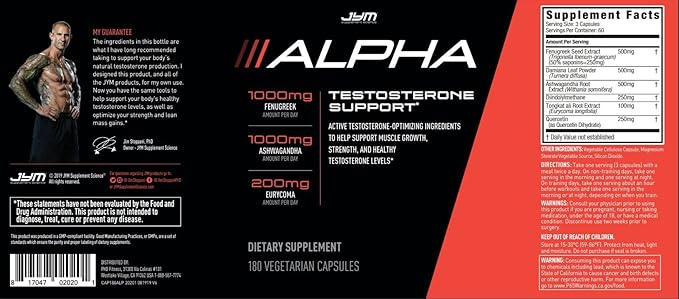 Alpha JYM Testosterone Support | Male Vitality, Hormone Optimization, Ashwagandha, Fenugreek, Eurycoma, Damiana, Quercetin, DIM | JYM Supplemental Science | 180 Vegetarian Capsules