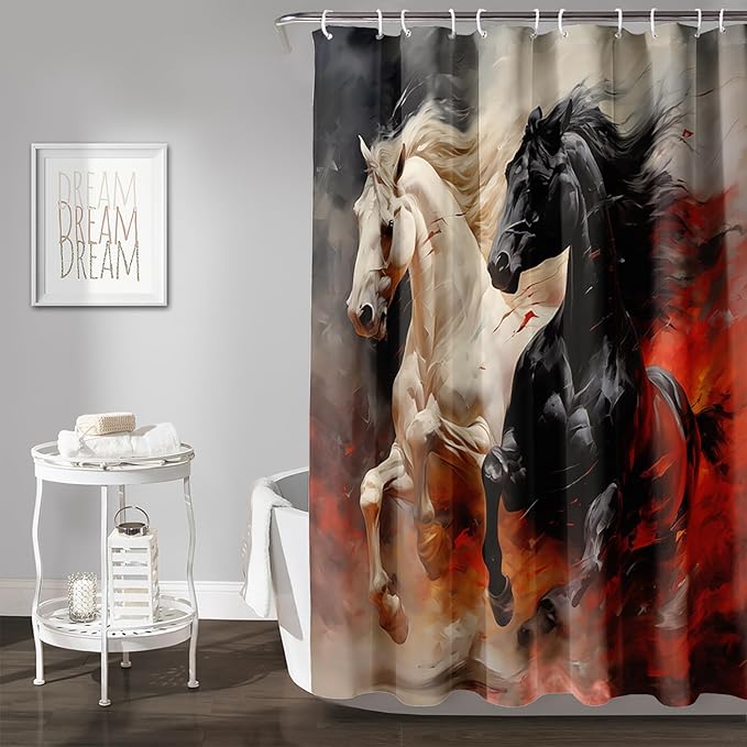 AILONEN 3D Horse Shower Curtain,Black White Galloping Horses Waterproof Fabric Shower Curtains for Bathroom,Farmhouse Animals Bath Curtain Set with Hooks, 60" W*72" H