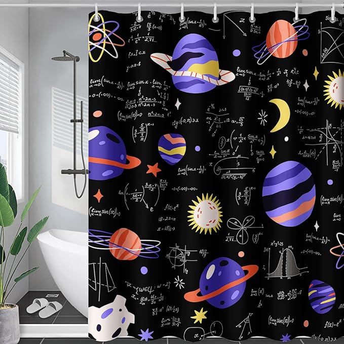 AILONEN Solar System Shower Curtain,Math Galaxy Purple Planet Bath Curtain for Bathroom Decor,Cartoon Planet Polyester Waterproof with 12 Plastic Hooks 72" W*96" H